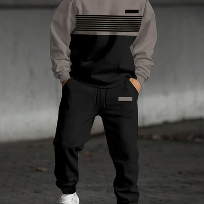 Ensemble Survêtement Homme Bicolore à Capuche et Bandes Horizontales Gris et Noir