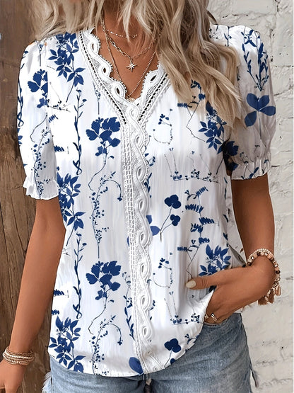 Women's Bohemian Chic Blouse with Floral Print and Lace – Perfect for Spring and Summer