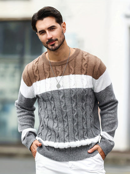 Pull homme tricoté à motifs tressés, rayures marron, blanc et gris