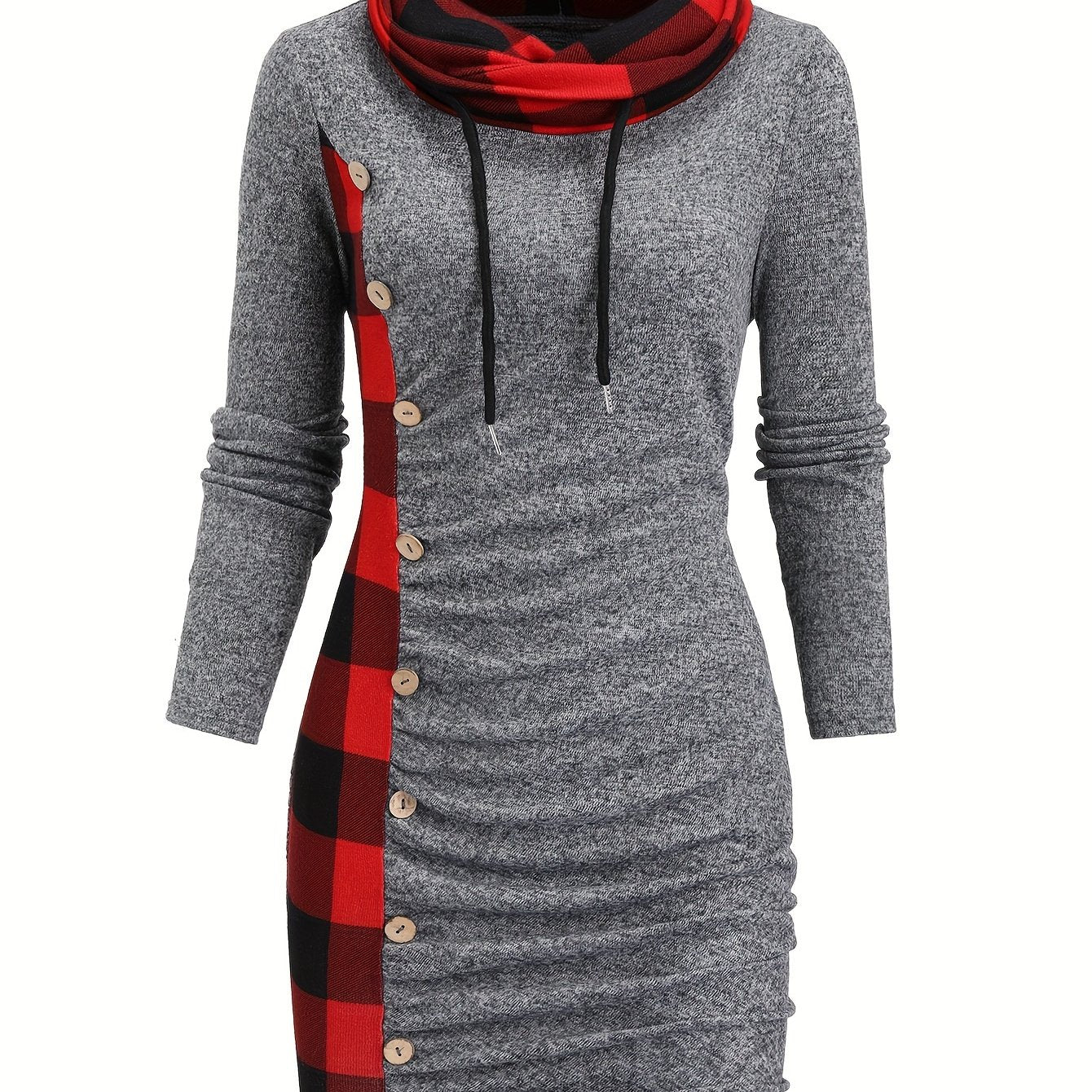Robe Pull Courte Femme avec Col Cheminée et Motif Carreaux Bicolores