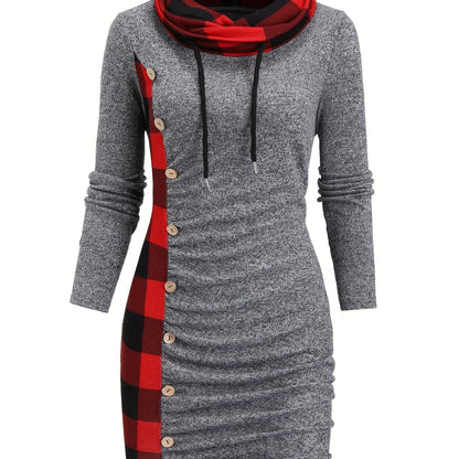 Robe Pull Courte Femme avec Col Cheminée et Motif Carreaux Bicolores
