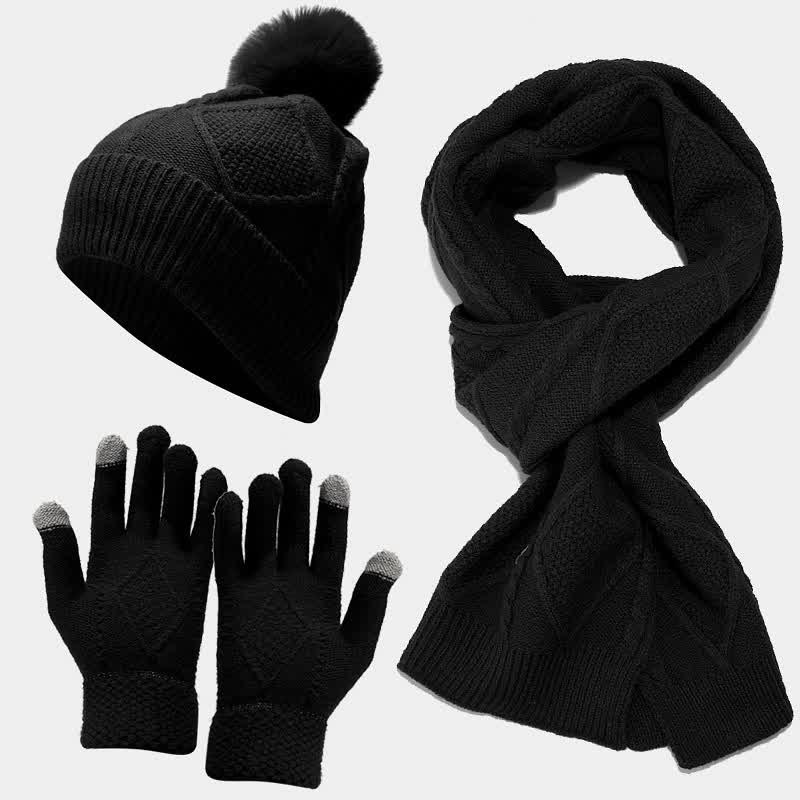 Set met wintermuts, sjaal en touchscreenhandschoenen - ruitmotief, geel