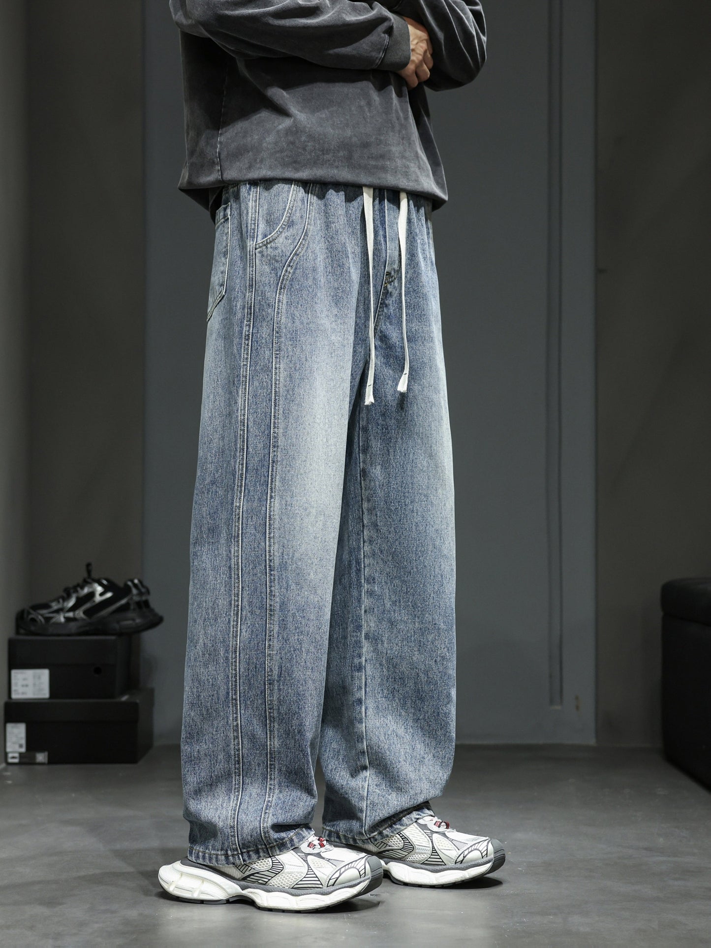 Losvallende brede jeans voor heren, casual stedelijke stijl