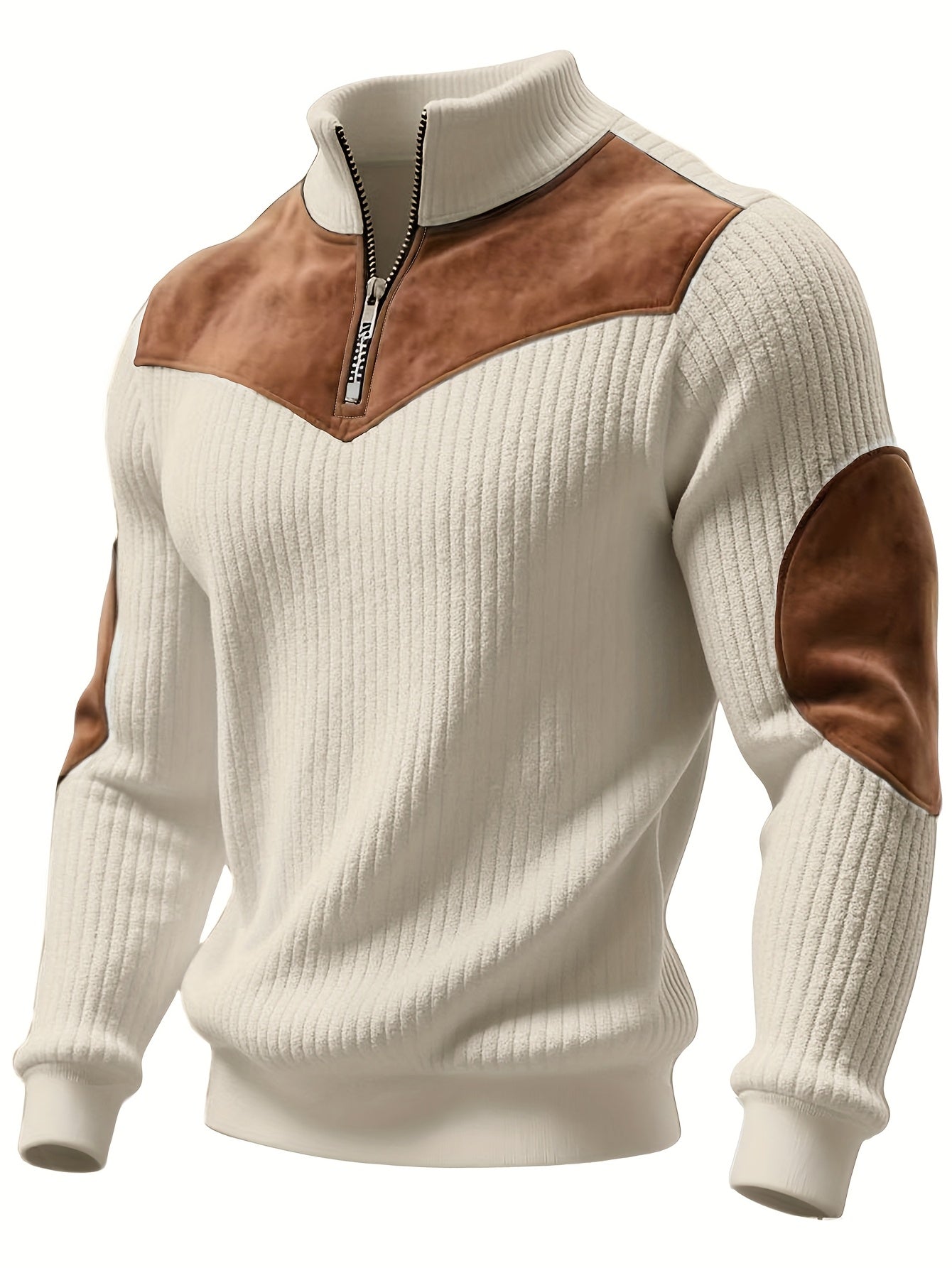 Pull Homme côtelé avec col montant zippé et empiècements suédine