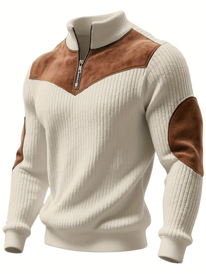 Pull Homme côtelé avec col montant zippé et empiècements suédine