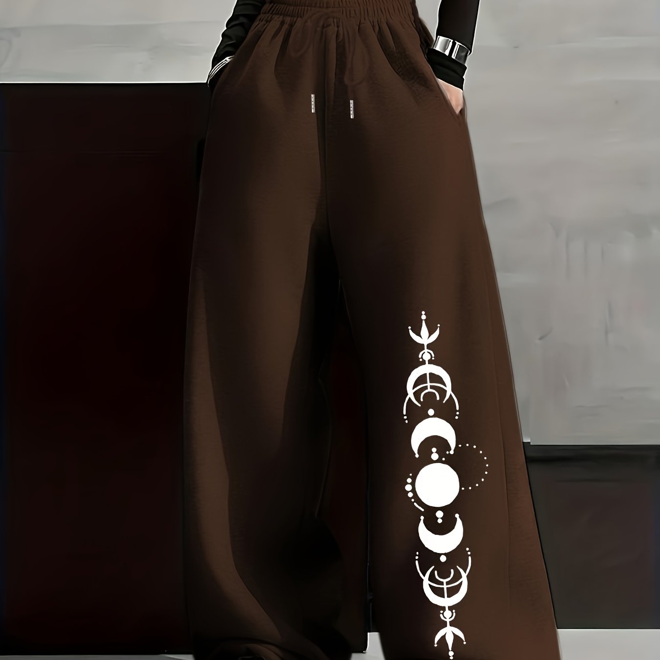 Pantalon large décontracté Femme avec imprimé phases de lune, taille élastiquée et poches