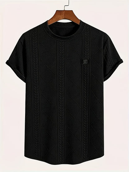 T-shirt homme style casual à motif tricot, col rond, manches courtes, idéal pour l’été