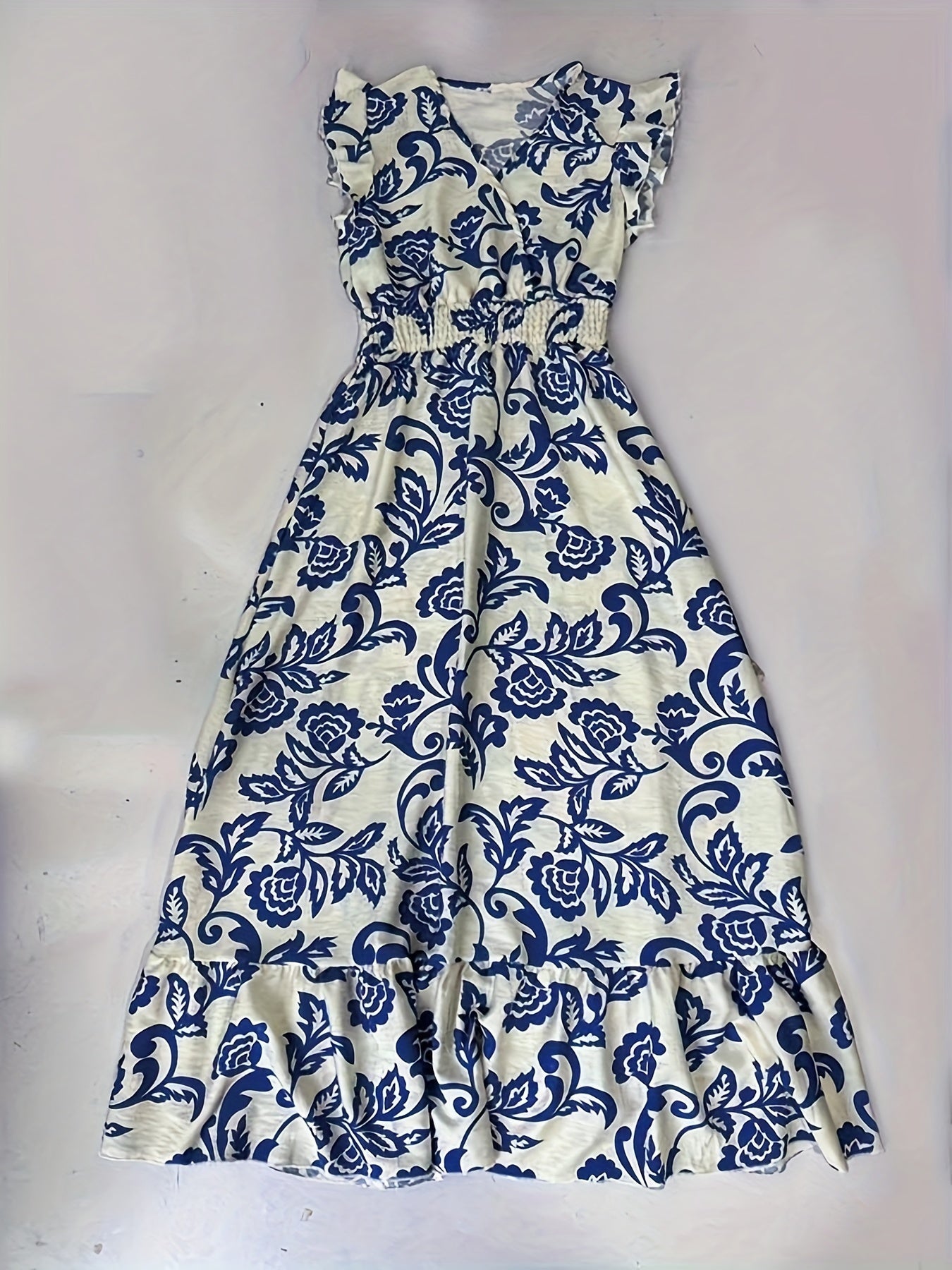 Abito lungo elegante da donna stile vacanze con maniche volant e vita arricciata
