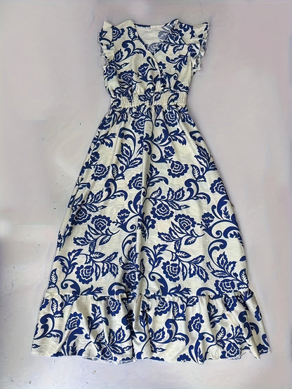 Abito lungo elegante da donna stile vacanze con maniche volant e vita arricciata