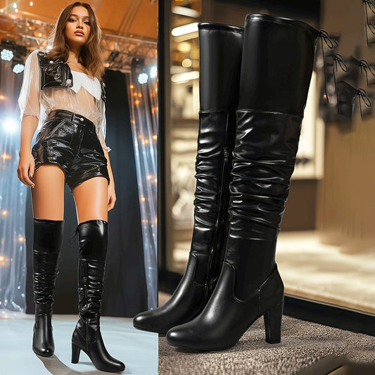 Bottes Noires Montantes Femme à Talon Carré et Effet Plissé