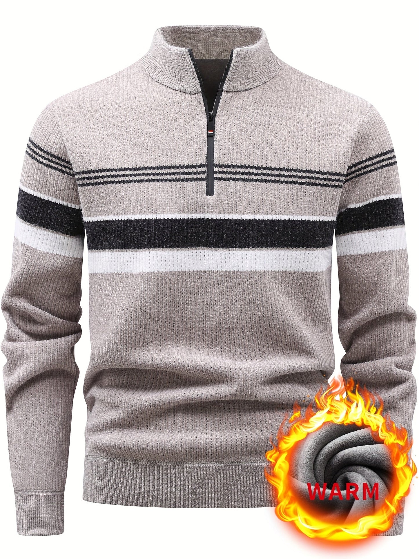 Pull Homme Col Montant Zippé Rayures Horizontales Beige Chaud
