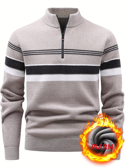 Pull Homme Col Montant Zippé Rayures Horizontales Beige Chaud