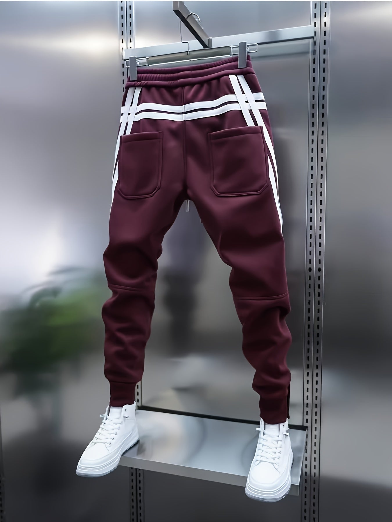 Pantalon de jogging homme avec cordon de serrage, rayures latérales et boutons pression, coupe fuselée