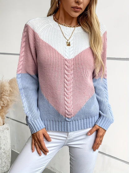 Pull en maille tressée multicolore col rond Femme