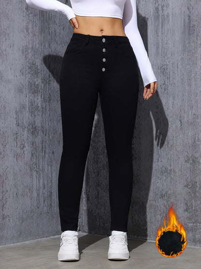 Jean Skinny Femme Noir Taille Haute à Boutons Doublé Chaud
