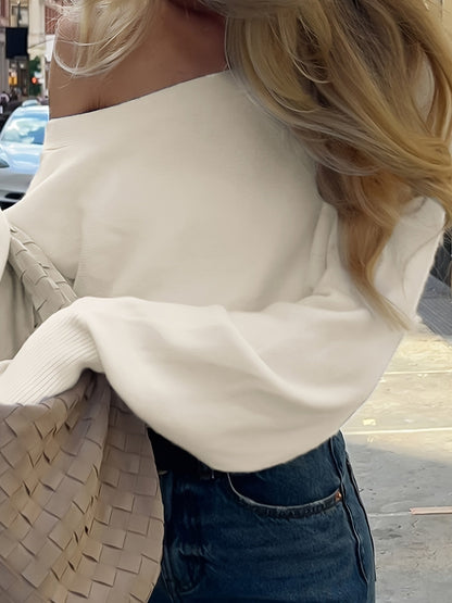 Pull Femme Blanc Écru Col Bateau Manches Longues Fines Côtes