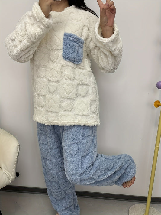 Pyjama Femme Doux Bicolore Motif Cœurs avec Poche Poitrine