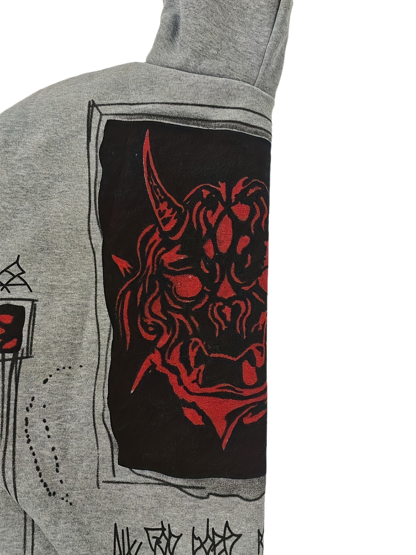 Sweat à Capuche Unisexe Gris Fermeture Éclair Motif Tête de Mort et Visage