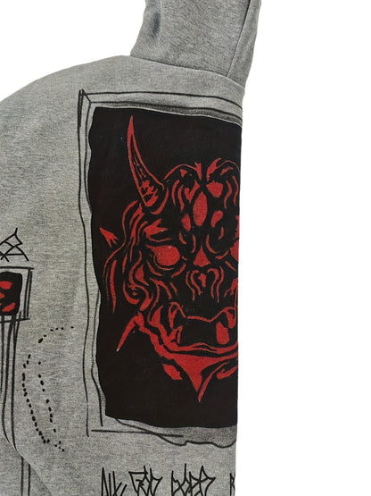Sweat à Capuche Unisexe Gris Fermeture Éclair Motif Tête de Mort et Visage
