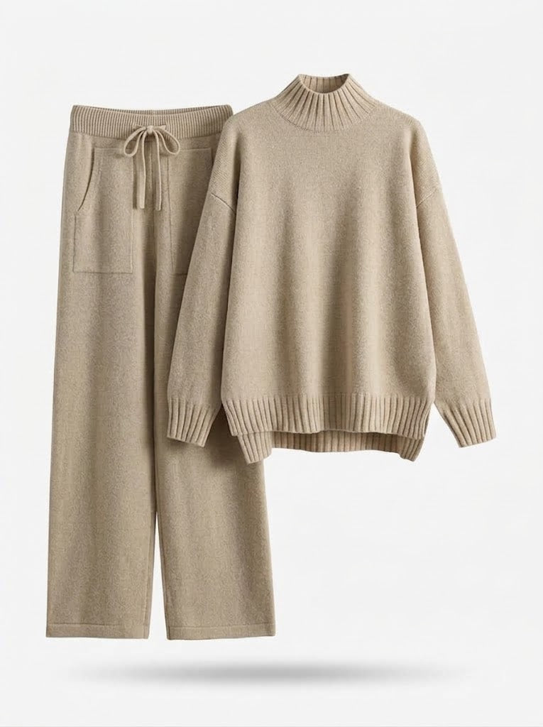 Set aus Strickpullover mit Stehkragen und weiter Strickhose, blau