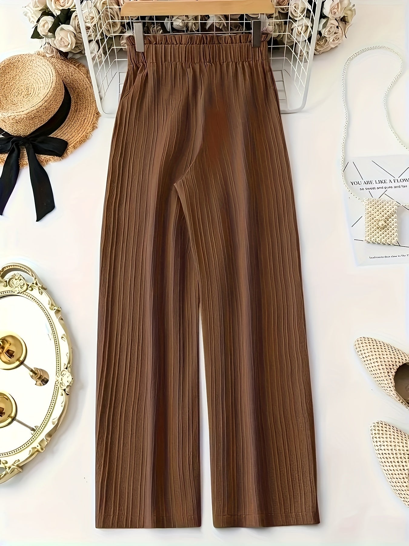 Pantalon large droit à taille élastique avec ceinture nœud pour femme, style élégant décontracté