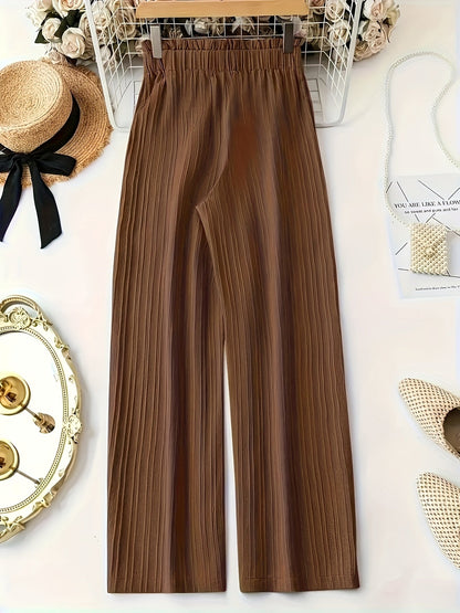 Pantalon large droit à taille élastique avec ceinture nœud pour femme, style élégant décontracté
