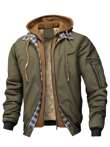 Veste homme style bombardier avec capuche et doublure matelassée amovible, beige
