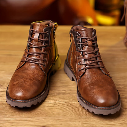 Bottes montantes homme marron lacées avec fermeture éclair latérale et semelle crantée