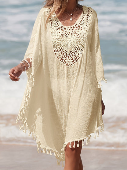 Tunique de plage femme style poncho bohème chic avec crochet et franges - idéal par-dessus maillot