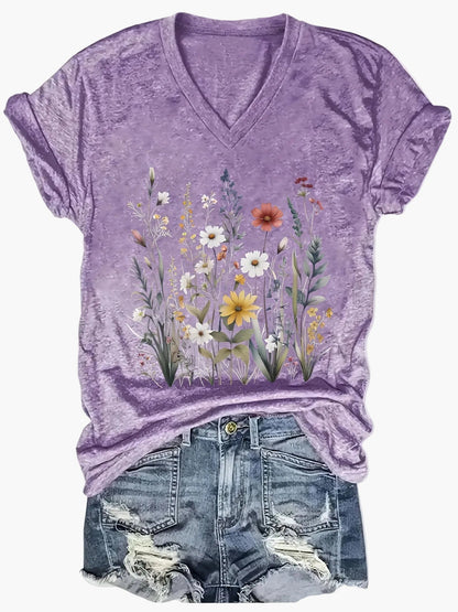 Afslappet dame-T-shirt med V-hals og boheme blomsterprint til sommeren