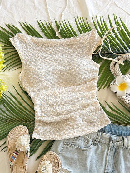 Top donna chic testurizzato con scollo a barca per vacanze e spiaggia