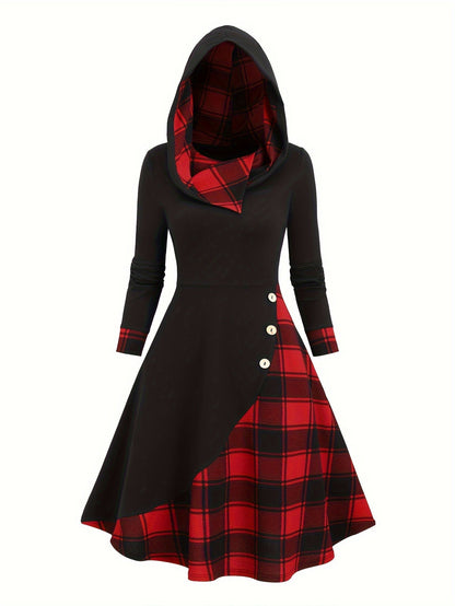 Robe à capuche femme asymétrique noire et à carreaux bicolores avec boutons décoratifs