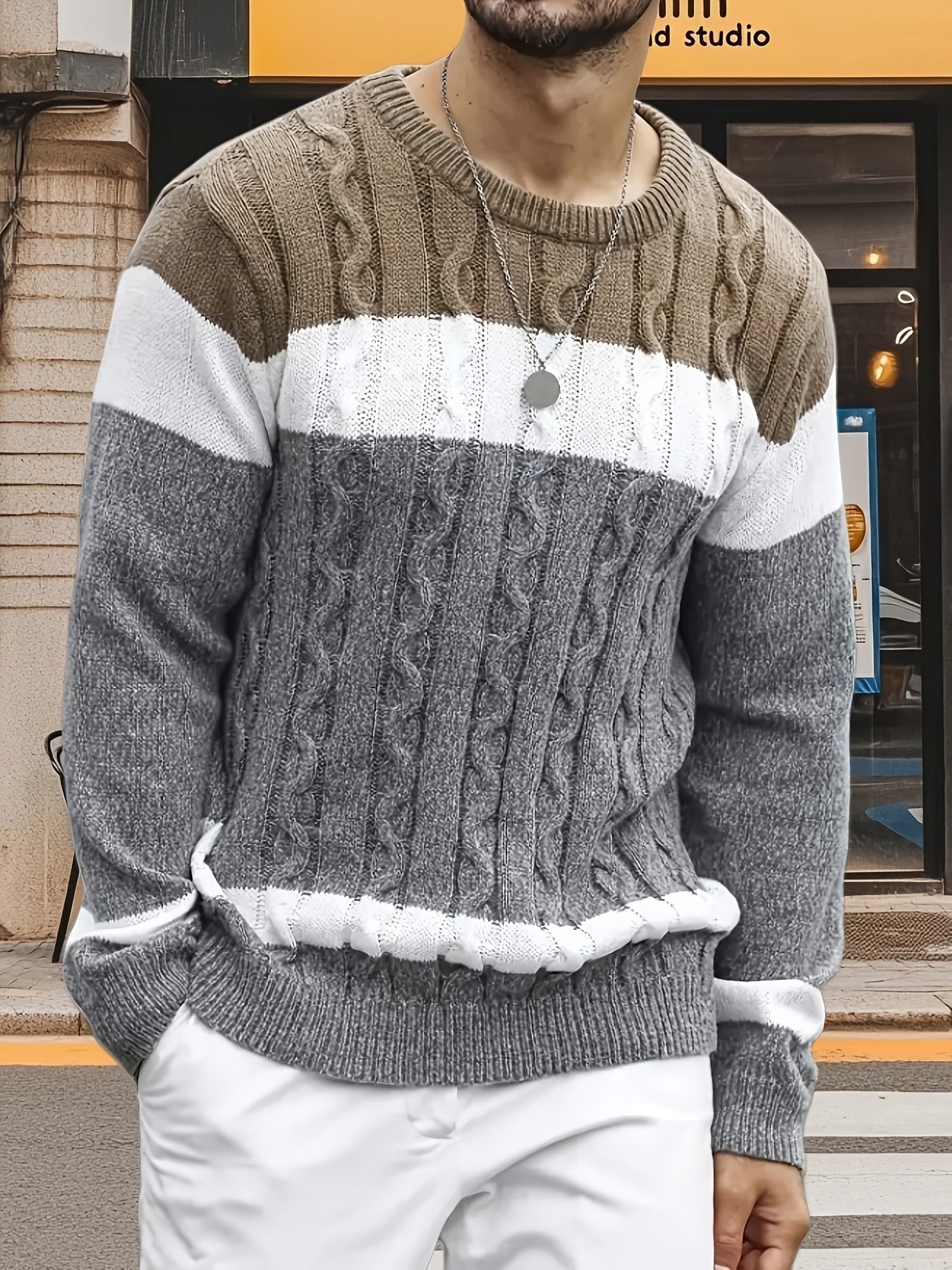 Pull homme col rond tricot torsadé à rayures contrastées