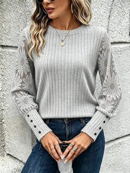 Haut côtelé femme manches bouffantes en dentelle florale couleur unie