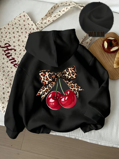 Sweat à capuche noir avec motif cerises et nœud léopard style décontracté