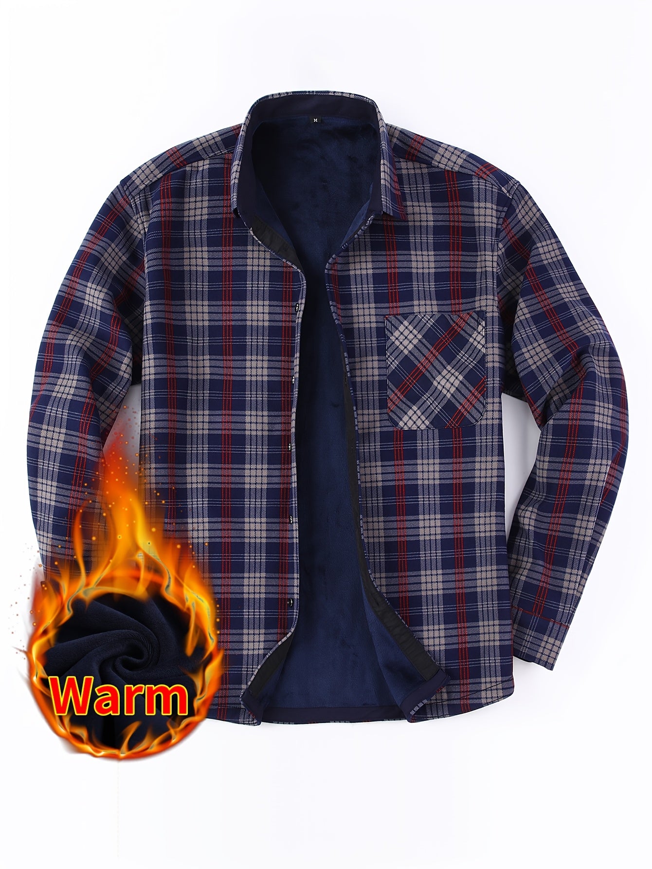 Men's Fleece-Lined Plaid Button-Up Shirt Jacket