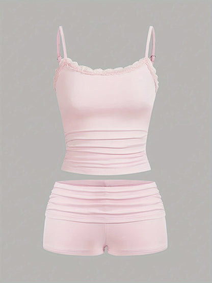 Conjunto corto femenino elegante con tirantes para descanso y noche – Estilo tendencia primavera-verano