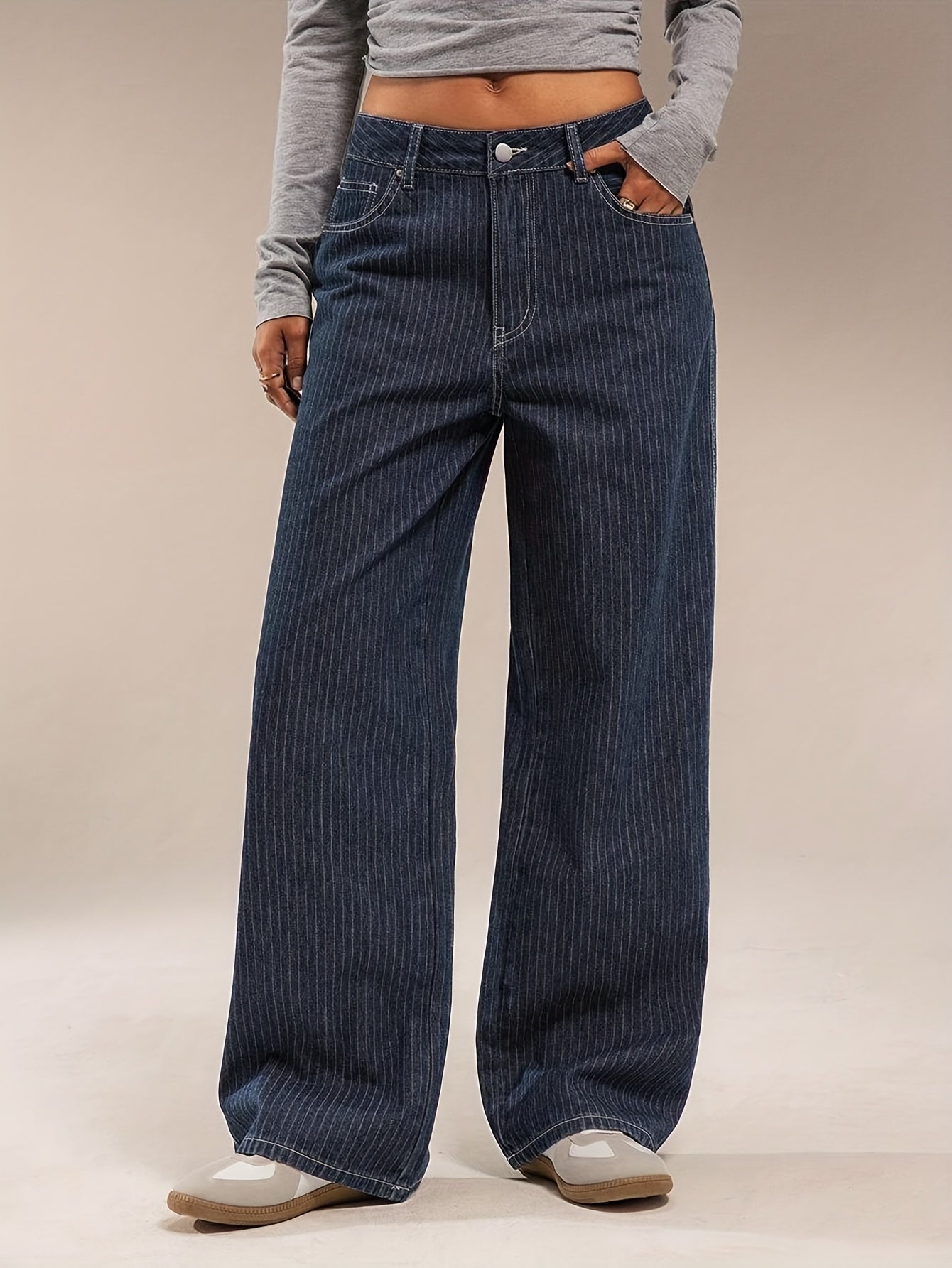 Jean large délavé bleu marine rayé taille haute pour femme