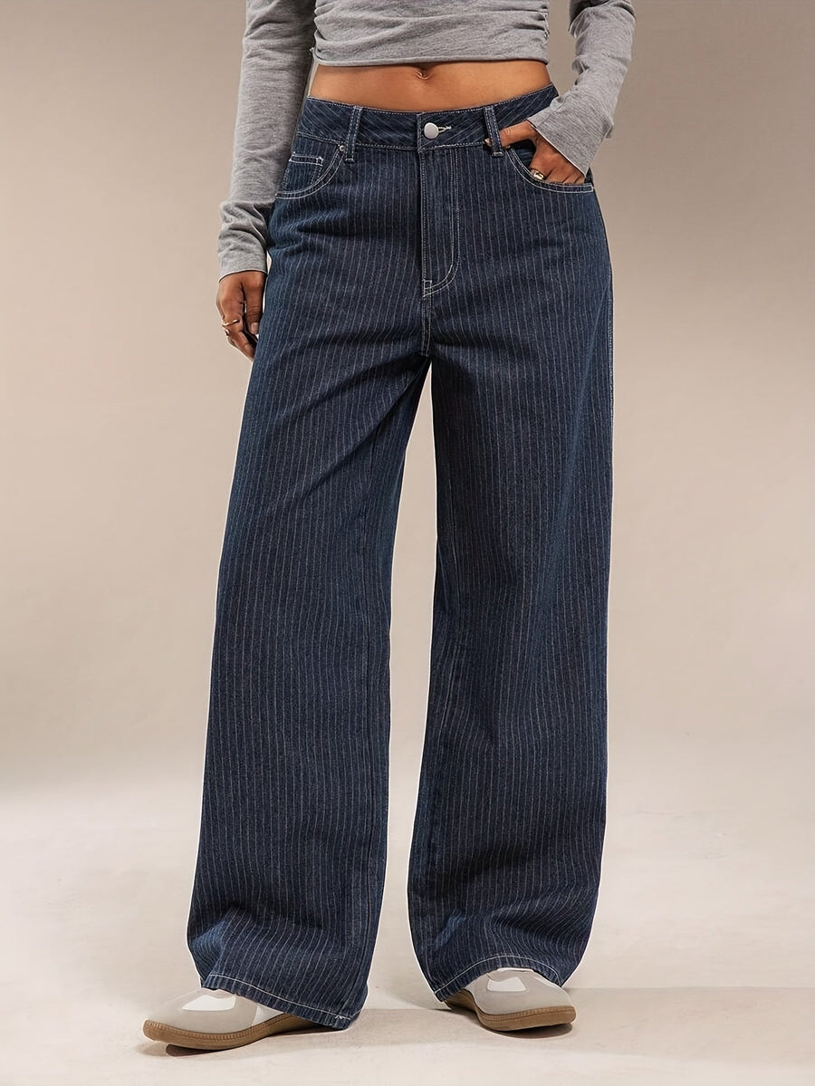 Jean large délavé bleu marine rayé taille haute pour femme