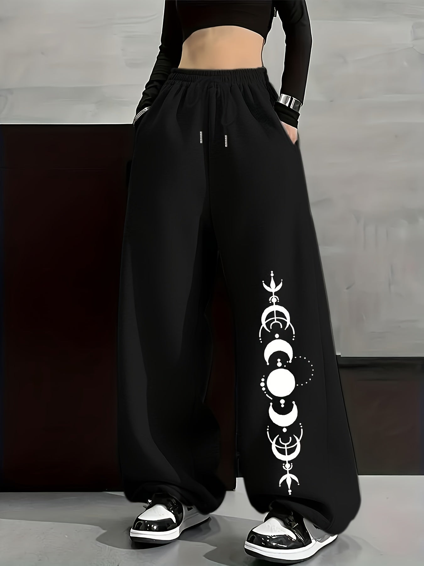Pantalon large décontracté Femme avec imprimé phases de lune, taille élastiquée et poches