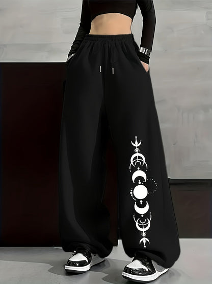 Pantalon large décontracté Femme avec imprimé phases de lune, taille élastiquée et poches