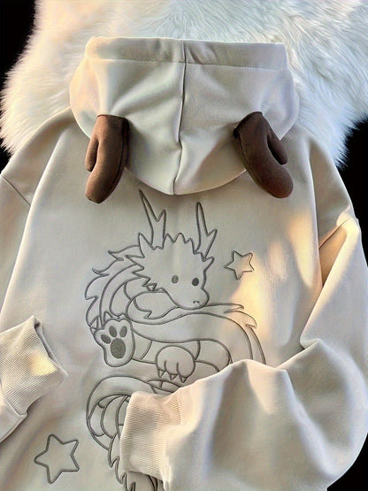 Sweat à Capuche Zippé Unisexe Crème avec Cornes et Motif Dragon Brodé