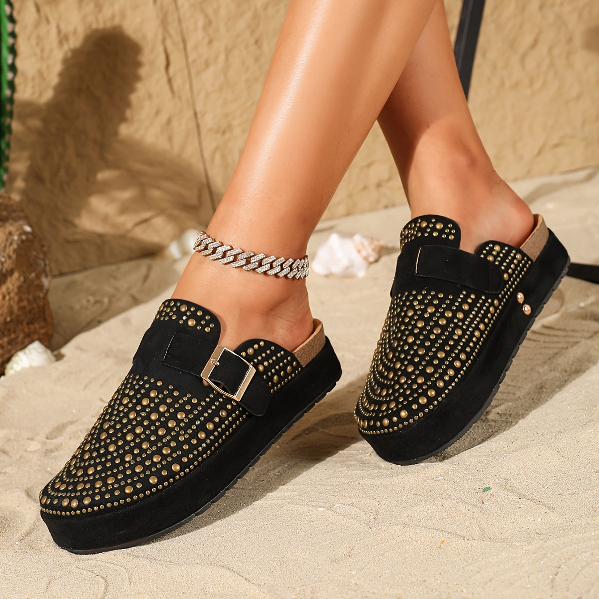 Sabots compensés femme style urbain à clous – Chaussures décontractées tendance