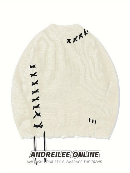 Pull en maille unisexe noir à col rond avec détails de lacets et ourlet effiloché