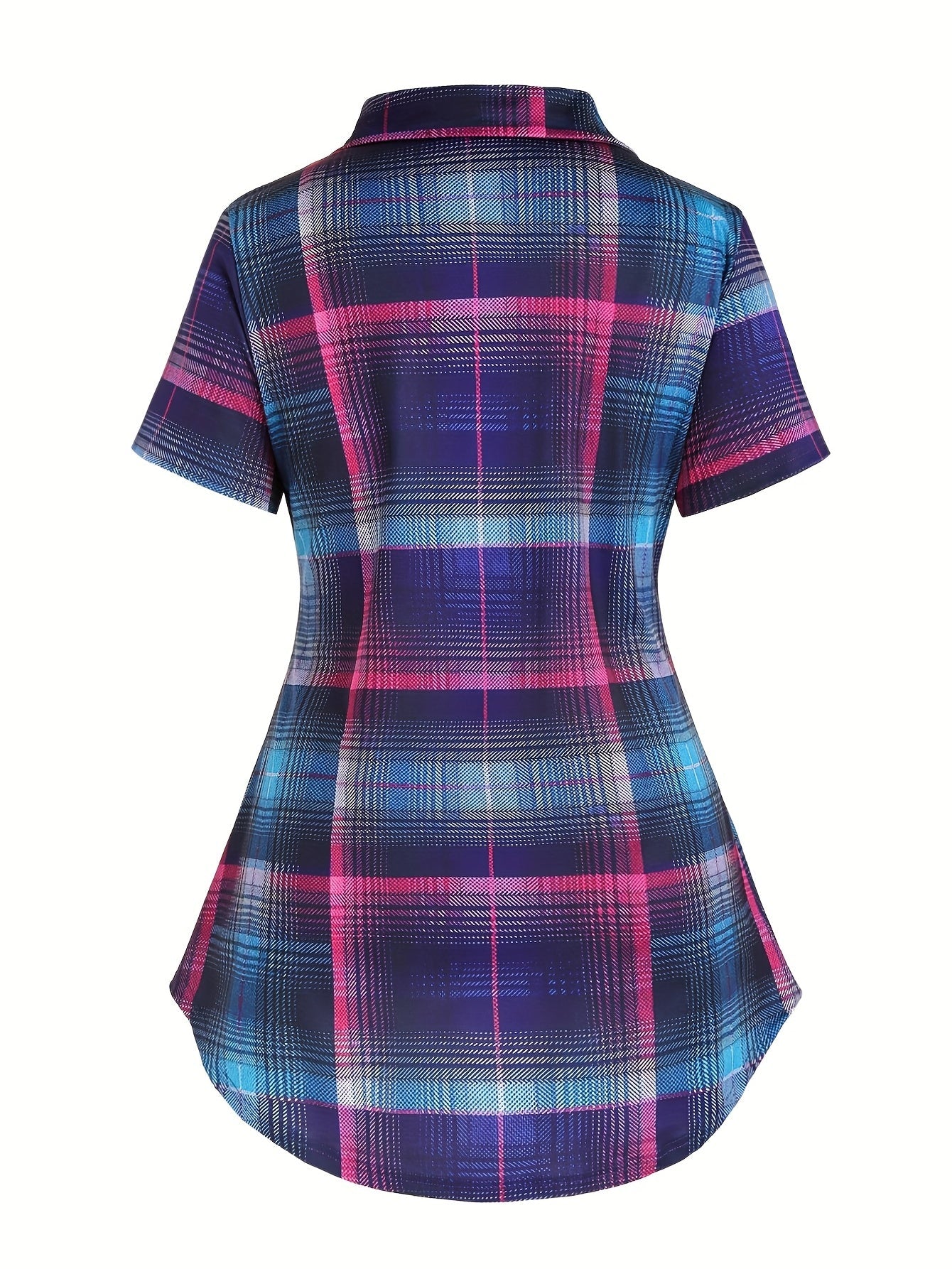 Chemise longue à carreaux style élégant pour femme, manches courtes, col à revers, été