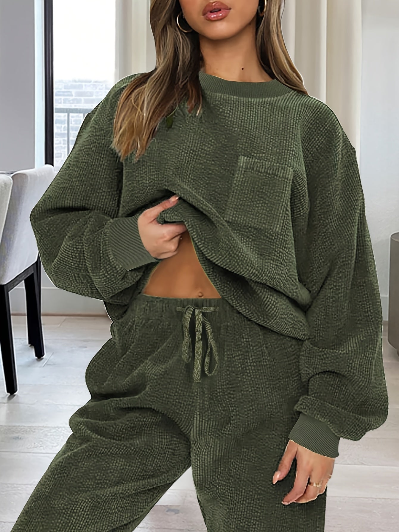 Ensemble Homme Femme Doux Texturé Vert Olive avec Poches