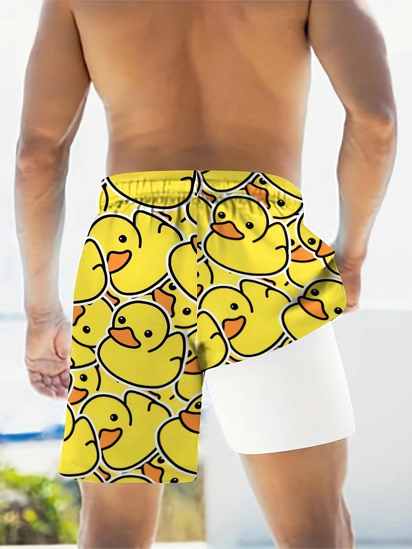 Herren-Badeshorts mit gelbem Entenmotiv, lustiger Stil für Pool und Strand  