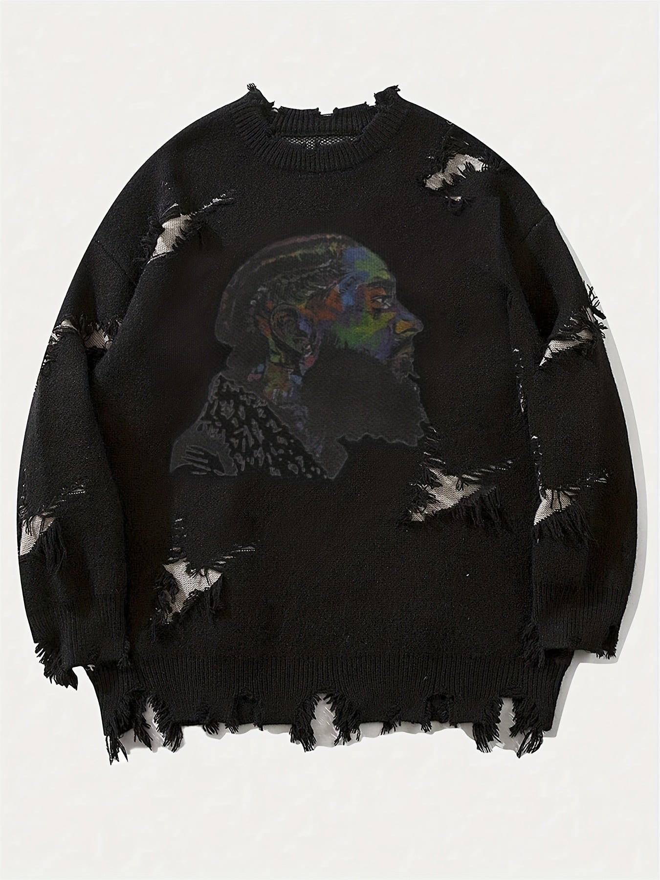 Pull homme décontracté beige à col rond avec motif visage coloré et détails déchirés