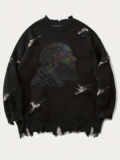 Pull homme décontracté beige à col rond avec motif visage coloré et détails déchirés