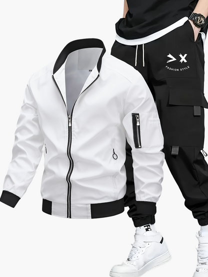 Ensemble décontracté pour homme, style urbain, veste bomber et pantalon cargo, idéal pour le printemps et l’automne